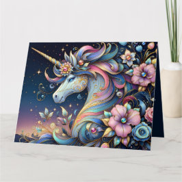Cartão Fantasia Noturna de Unicórnio Floral