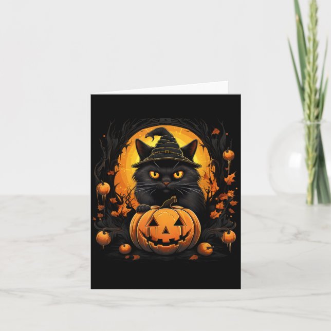 Cartão Fantasioso Traje de Gato de Halloween Gato Abóbora (Frente)