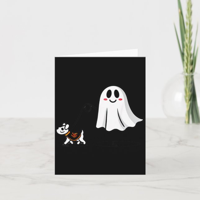 Cartão Fantasma com cachorro passeando no Halloween (Frente)