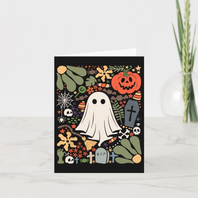 Cartão Fantasma Com Flores, Fantasma Da Pumpkin Floral De (Frente)