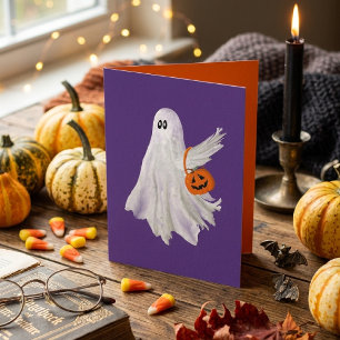 Cartão Fantasma de Doce ou Travessura com Balde de Doces