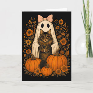 Cartão Fantasma de Halloween Antigo Segurando Gato Maine