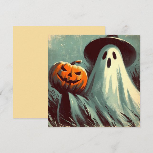 Cartão Fantasma de Halloween e Abóbora Sinistra (Frente/Verso)