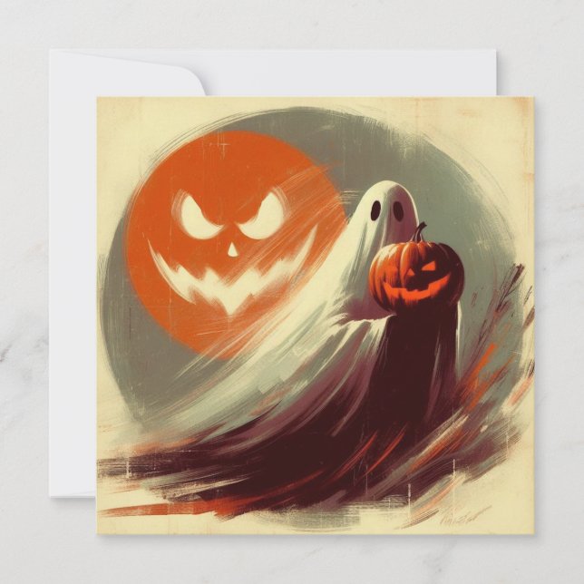 Cartão Fantasma de Halloween e Abóbora Sinistra (Frente)
