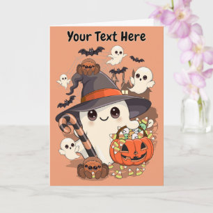 Cartão Fantasma de Halloween Fofo no Estilo Kawaii
