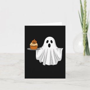 Cartão Fantasma de Halloween Fofo Segurando Cupcake de Ab