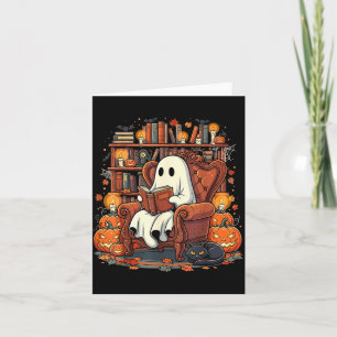 Cartão Fantasma de Halloween Lendo Livros Abóbora Gato Pr