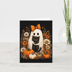 Cartão Fantasma de Halloween segurando abóbora floral de