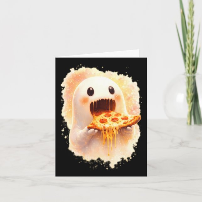 Cartão Fantasma de Pizza Fofo Comendo Pizza Funny Hallowe (Frente)