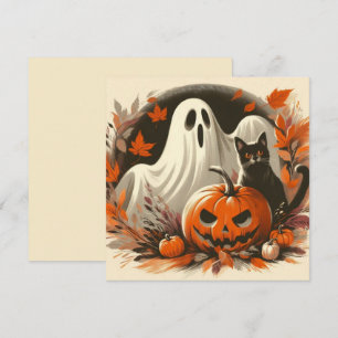 Cartão Fantasma do Halloween, Jack-'o-lantern e Gato Pret