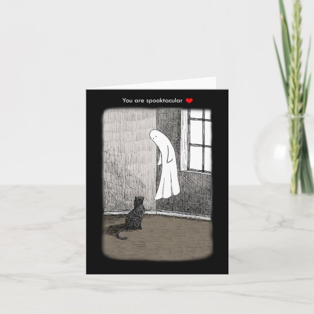 Cartão Fantasma e Gato Negro assustador Arte Gótica Amor (Frente)