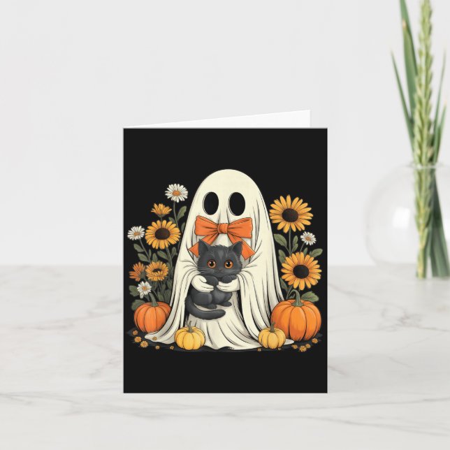 Cartão Fantasma Fofo Com Abóbora de Halloween de Gato Pre (Frente)