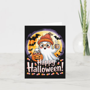 Cartão Fantasma fofo de Halloween abóboras morcegos lua m