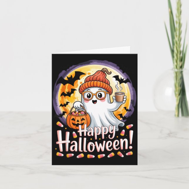 Cartão Fantasma fofo de Halloween abóboras morcegos lua m (Frente)