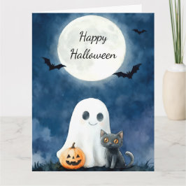 Cartão Fantasma Fofo e Halloween de Gato Preto