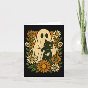 Cartão Fantasma Fofo Segurando Gato Preto Floral Divertid