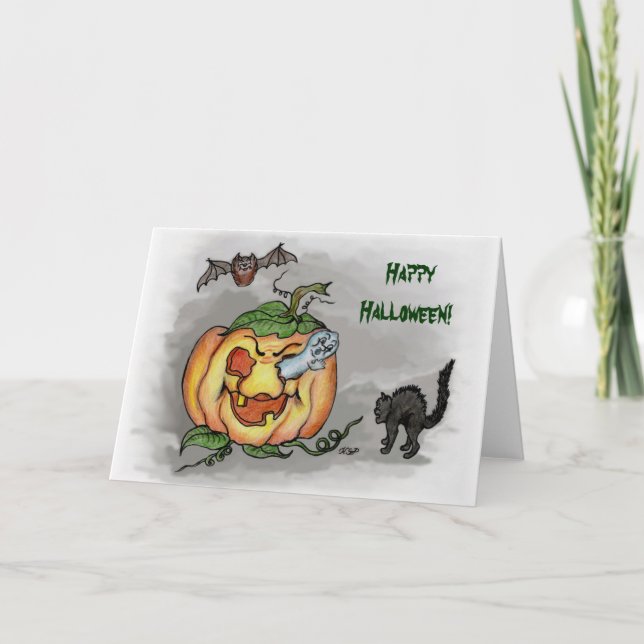 Cartão fantasma, morcego e gato, Feliz Halloween! (Frente)