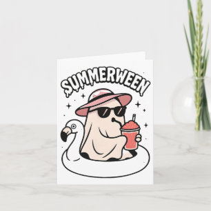 Cartão Fantasma Rosa do Summerween Flutuante em Flamingo 