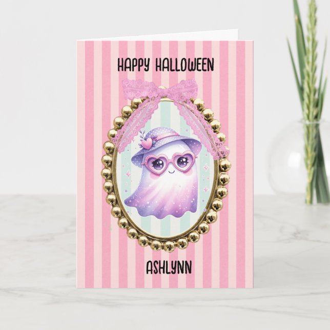 Cartão Fantasma Rosa Fofo de Halloween (Frente)