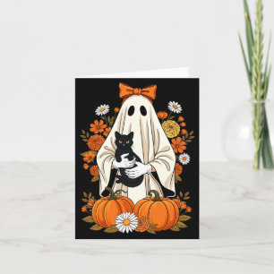Cartão Fantasma segurando abóbora floral com gato preto n