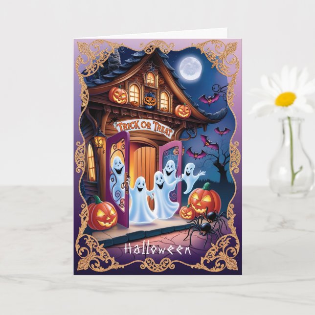 Cartão Fantasmas Adoráveis do Halloween na Porta (Planta pequena)