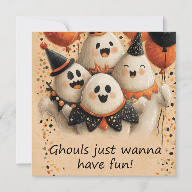 Cartão Fantasmas bonitos do Halloween com texto (Frente)