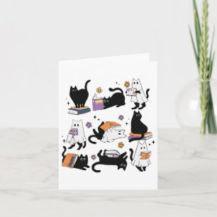 Cartão Fantasmas de Halloween Gato Preto Lendo Livro Fant