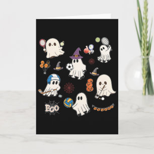 Cartão Fantasmas de Halloween Jogando Futebol Tênis Hóque