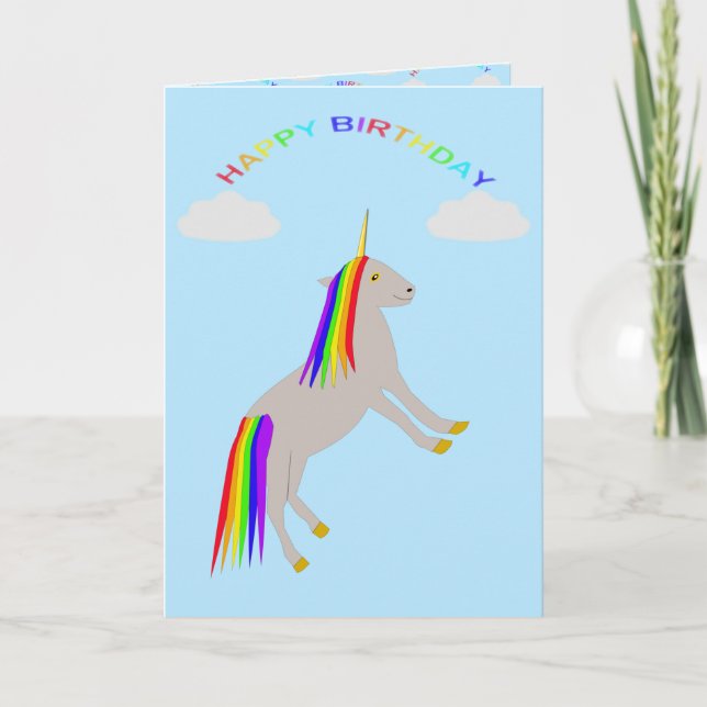 Cartão Fantasy Birthday Unicorn Rainbow and Clouds Custom (Frente)