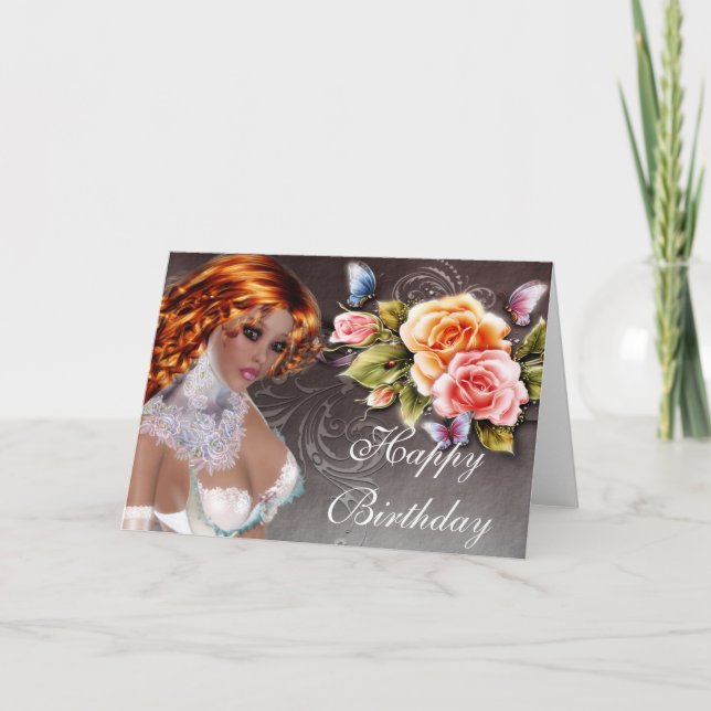 Cartão Fantasy Redhead com Rosa Birthday Card 2 (Frente)