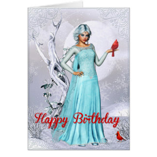 Cartão Fantasy Winter Woman com Cardeal Birthday Card
