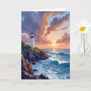 Cartão Farol Costeiro Pôr do Sol Pintura da Praia Ocean