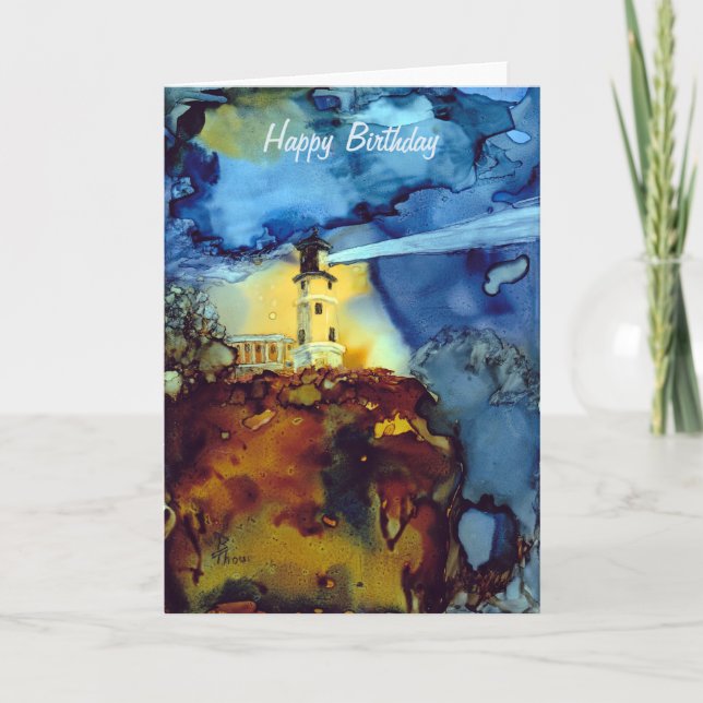 Cartão Farol rachado da rocha na noite (Frente)