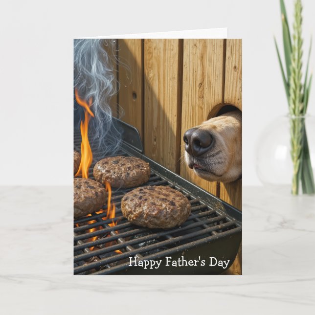 Cartão Father's Day Dog Sniffing Hamburgers On a Grill (Frente)