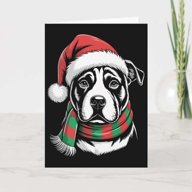 Cartão Fato de Natal para Cão Pitbull com Chapéu e Cachec (Frente)