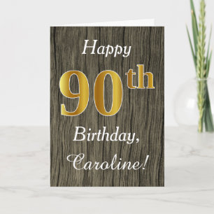 Cartão Faux Wood, Faux Dourada 90 Birthday + nome persona