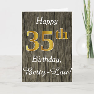 Cartão Faux Wood, Faux Dourado 35.o aniversário + nome p