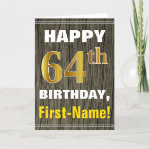 Cartão Faux Wood, Faux Dourado 64.º Aniversário + Nome