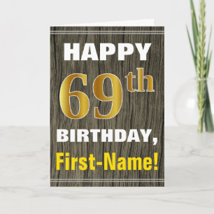 Cartão Faux Wood, Faux Dourado 69º Aniversário + Nome