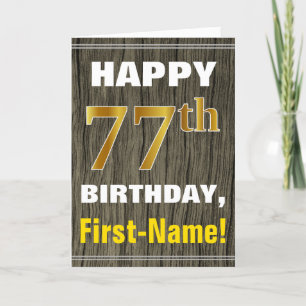 Cartão Faux Wood, Faux Dourado 77.º Aniversário + Nome