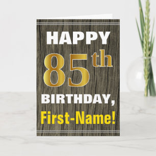 Cartão Faux Wood, Faux Dourado 85.o aniversário + nome