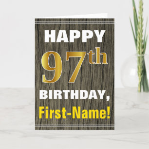 Cartão Faux Wood, Faux Dourado 97.º Aniversário + Nome