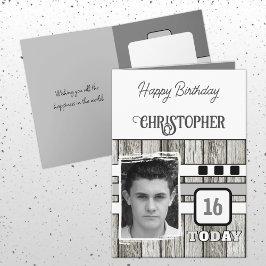 Cartão Faux wood rustic 16th cinza aniversário de fotos