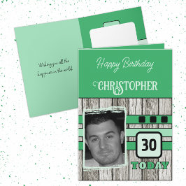 Cartão Faux wood rustic 30 verde foto-aniversário