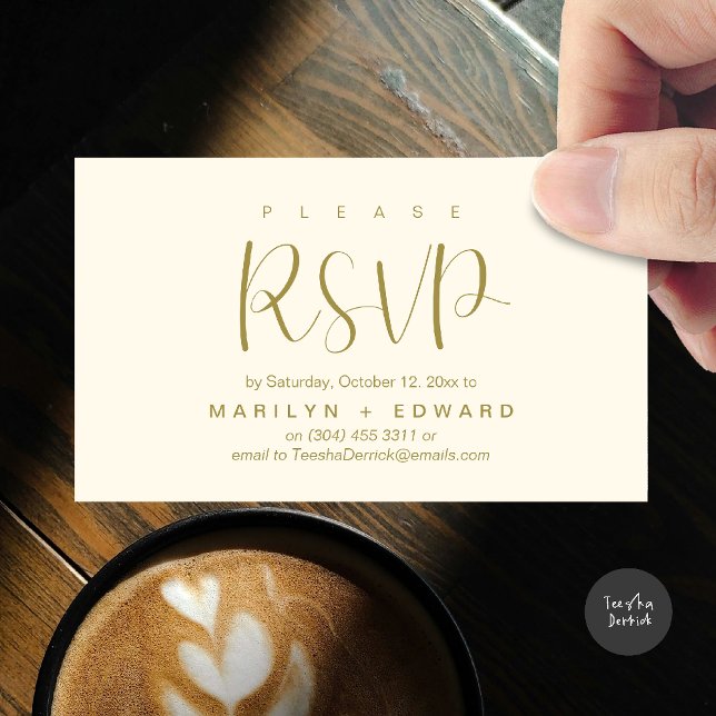 Cartão Fechado de Lembrete RSVP de Convite de Casa (Wedding invitation RSVP via Phone or email respond reminder Enclosure Card in aesthetic yellow gold)