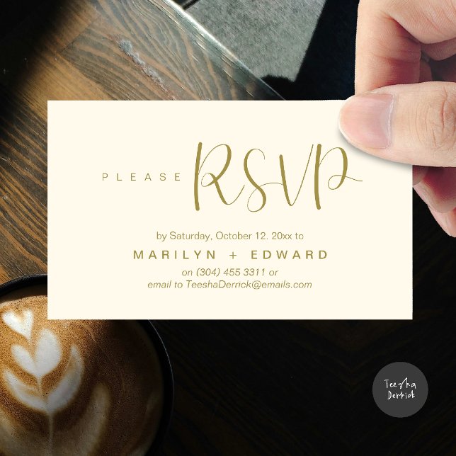 Cartão Fechado de Lembrete RSVP de Convite de Casa (Wedding invitation RSVP via Phone or email respond reminder Enclosure Card in aesthetic yellow gold)