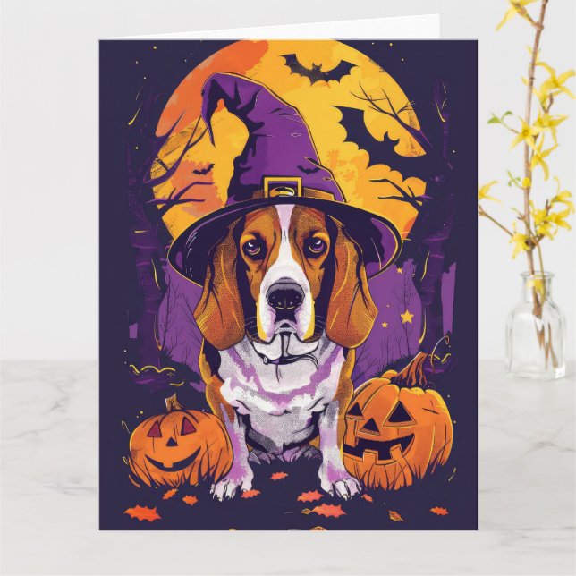 Cartão Feiticeira de Beagle Halloween e Abóbora (Flor Amarela)