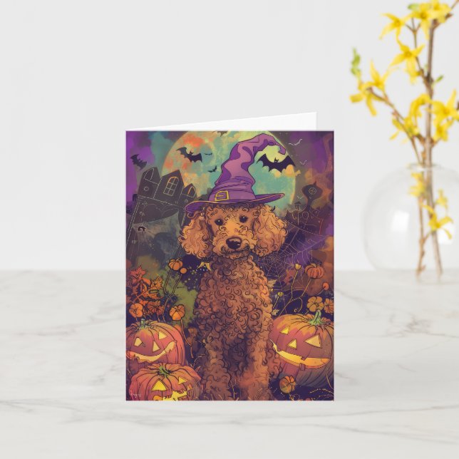 Cartão Feiticeira de Halloween e Abóbora de Poodle Spookl (Flor Amarela)