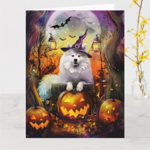 Cartão Feiticeira de Halloween e Abóbora Samoyed Samoyed