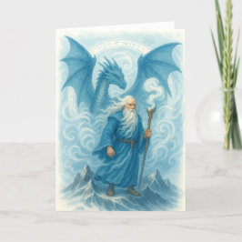 Cartão Feiticeiro e Dragão em Blue Watercolor Fantasy